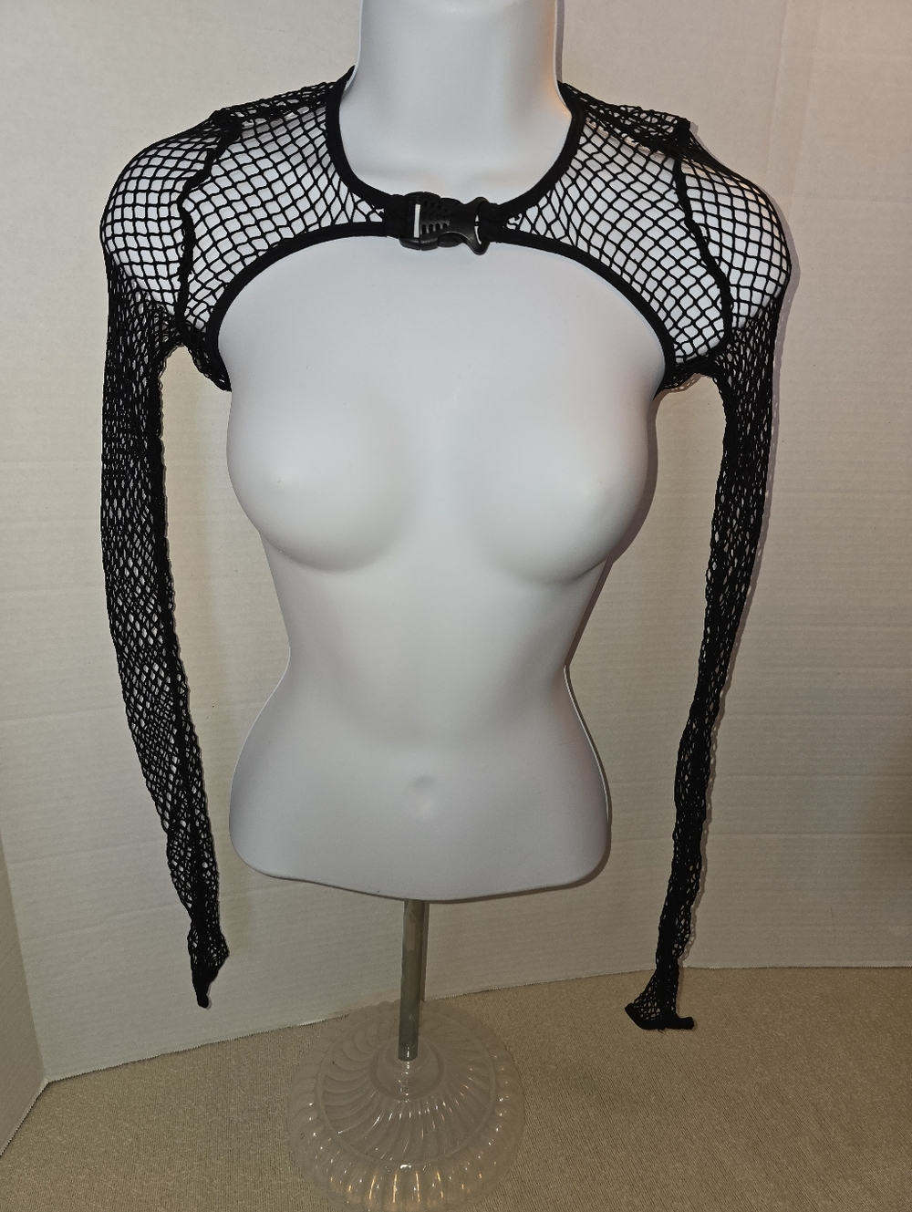 Dolls Kill (BrandPoster Girl) Black Fishnet Long-Sleeve Bolero with Front Buckle